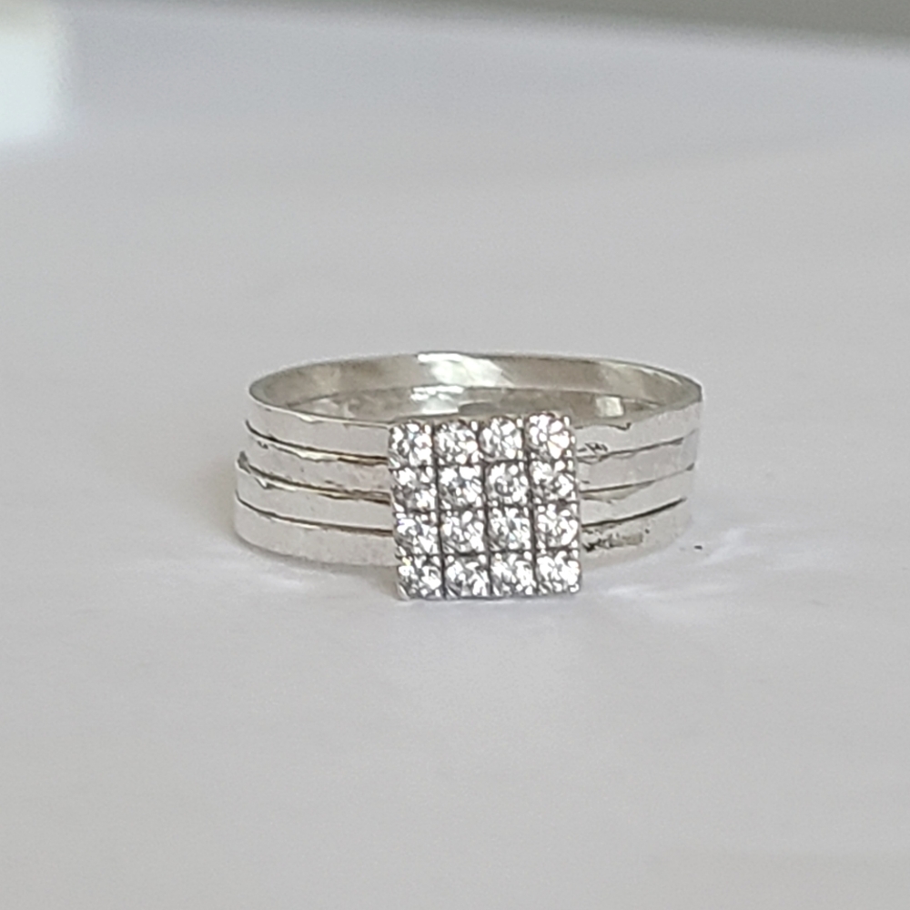 Boho Sterling Silver Stacked Layered CZ Crystal Cluster Wide Meditation Ring